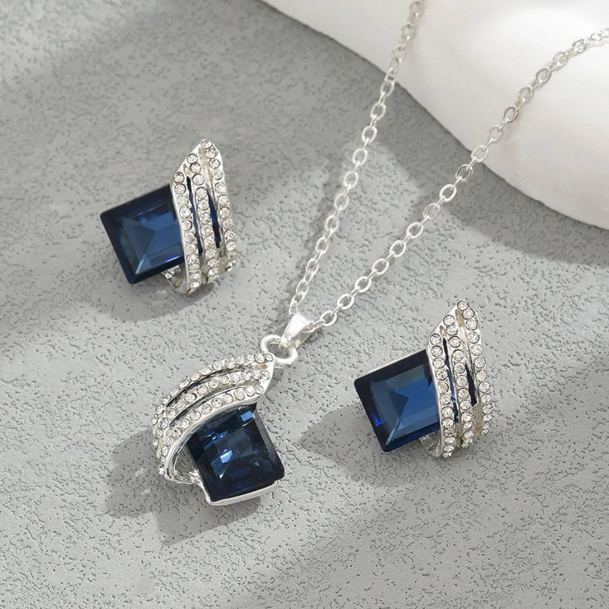 Stainless Steel Crystal Geometric Earrings and Necklace Jewelry Set